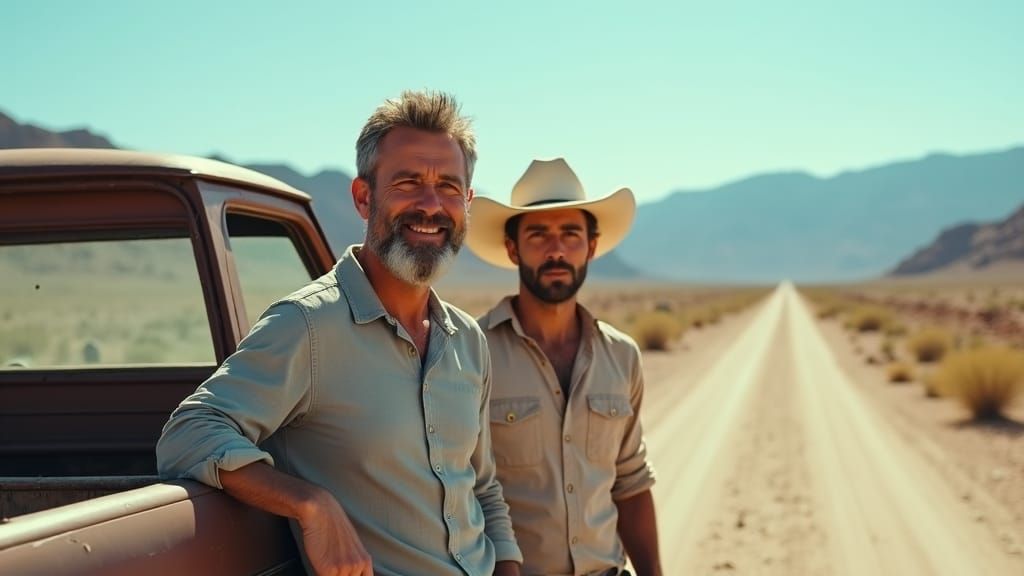 Desert Road: Two Men by an Old Truck