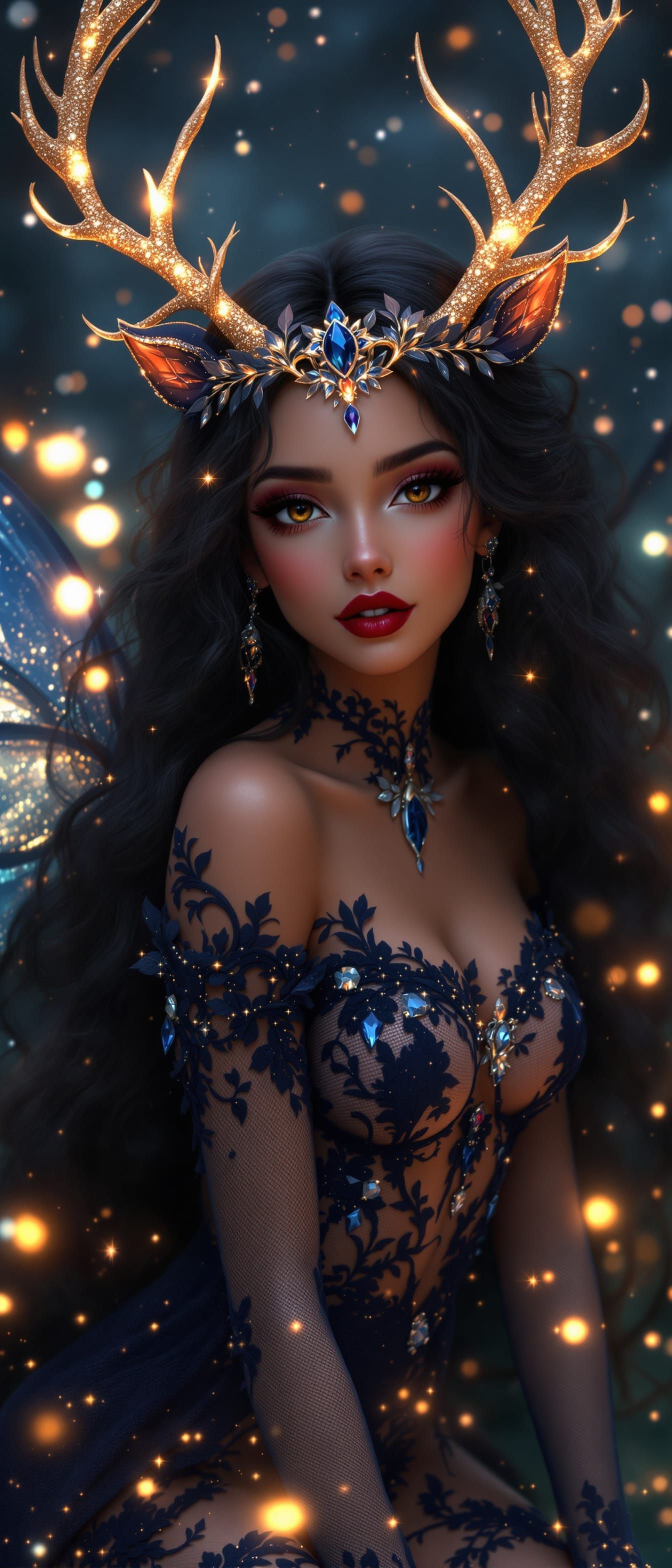 Shy Crystal Fairy Princess with Curly Black Hair in Dreamy K...