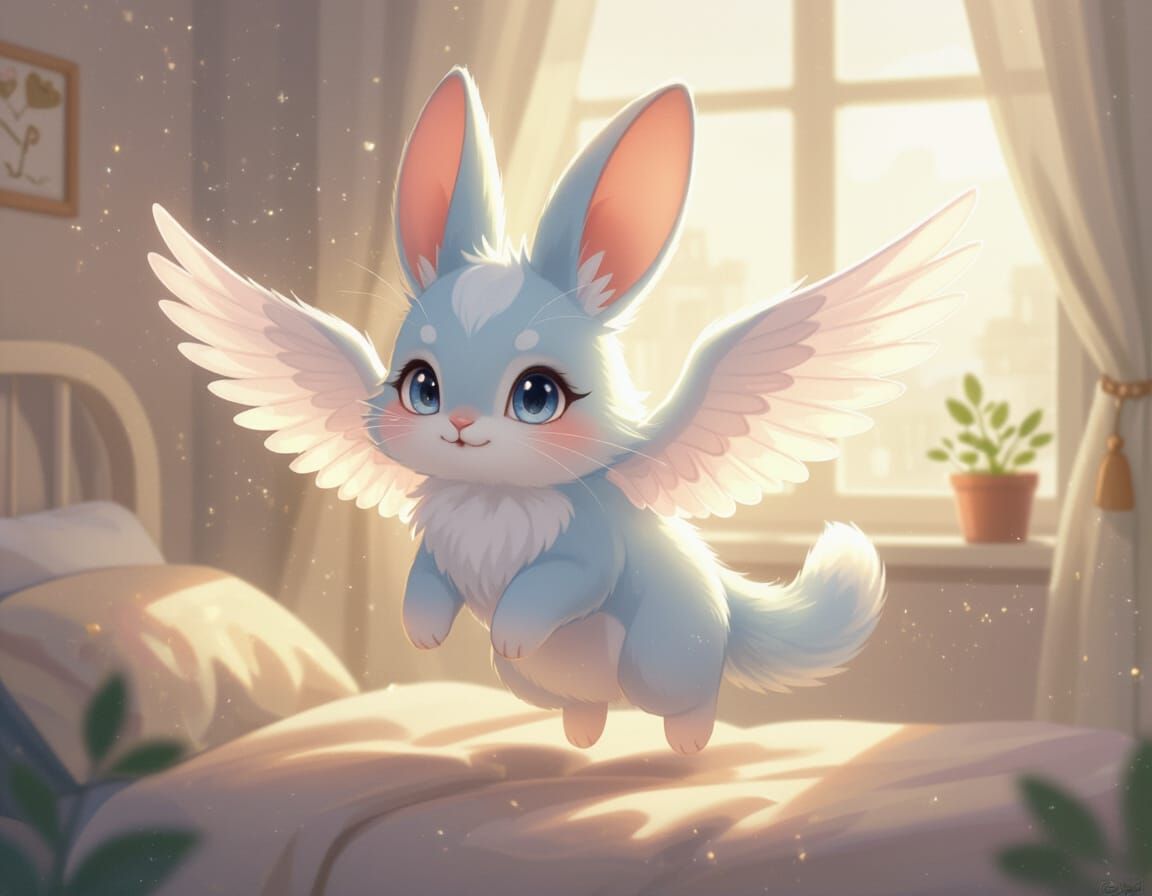 Cute Winged Cat-Rabbit Floating in Dreamy Bedroom Light