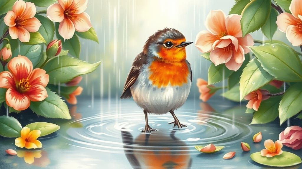 Whimsical Baby Robin in a Summer Rain Shower
