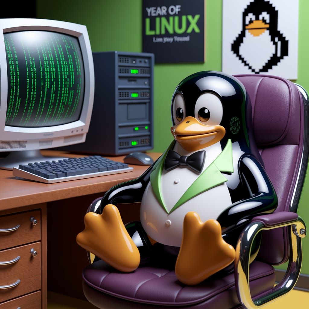 Tux Penguin in Retro Linux Office