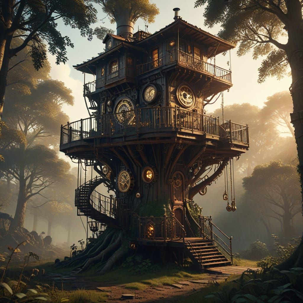 Steampunk Treehouse in Forest: Cinematic Film Still
