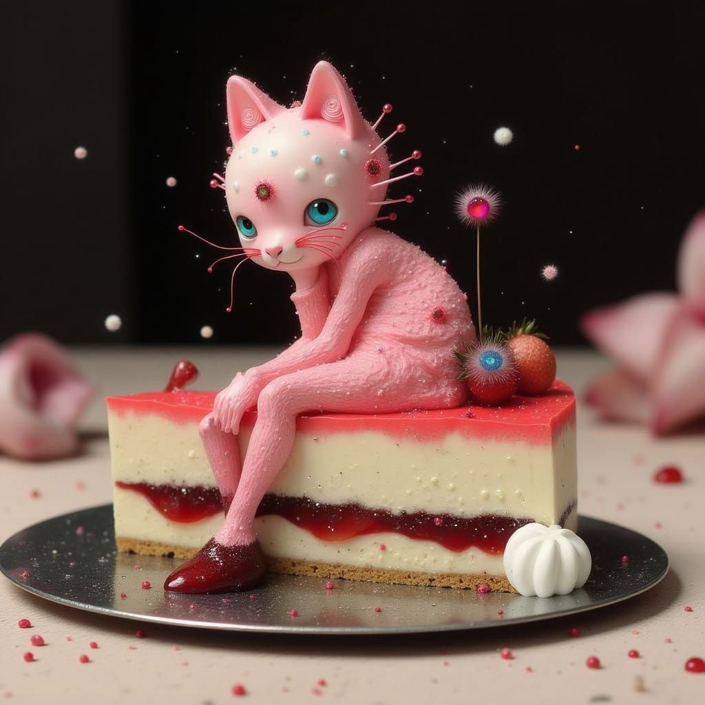 Cyberpunk Chocolate Cat Decoration on Strawberry Cheesecake
