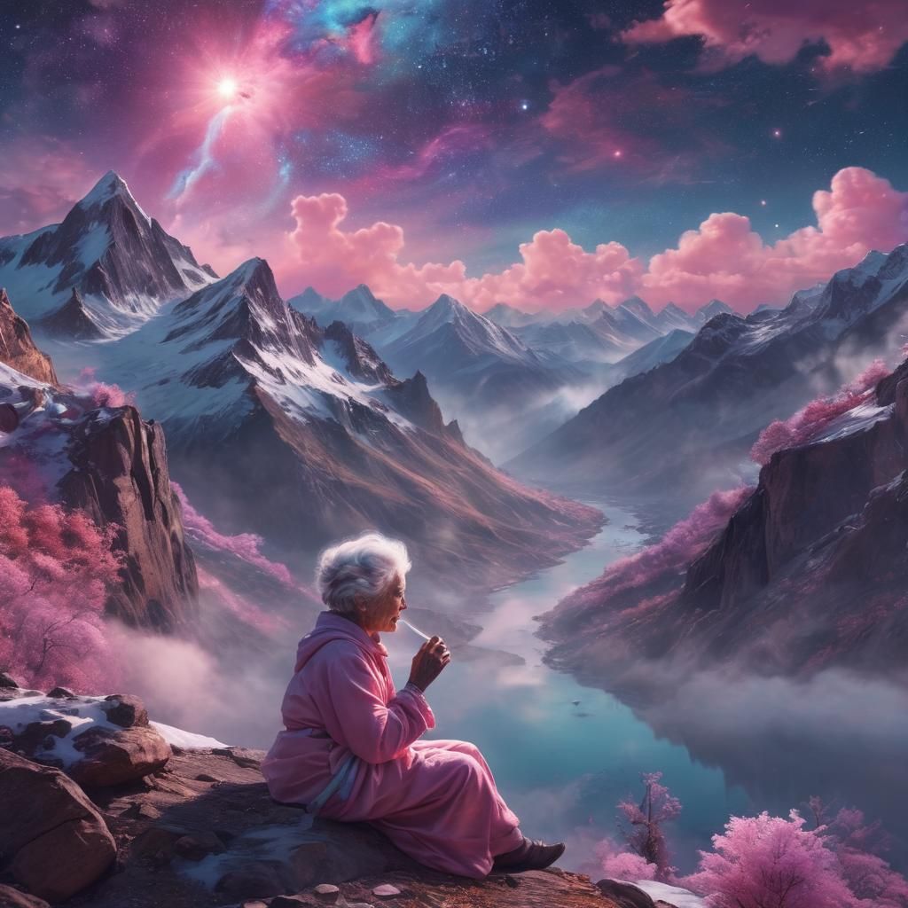 Cosmic Woman Overlooking Snowy River in Dreamlike Illustrati...