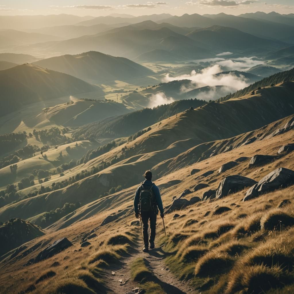 Hiker on Sunny Hill: Cinematic Film Still