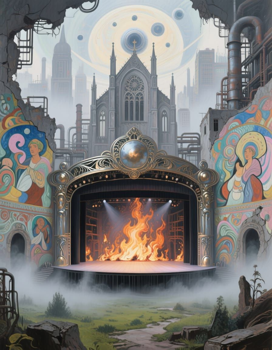 Misty Glade Meets Crumbling Metropolis in Symbolist Fantasy