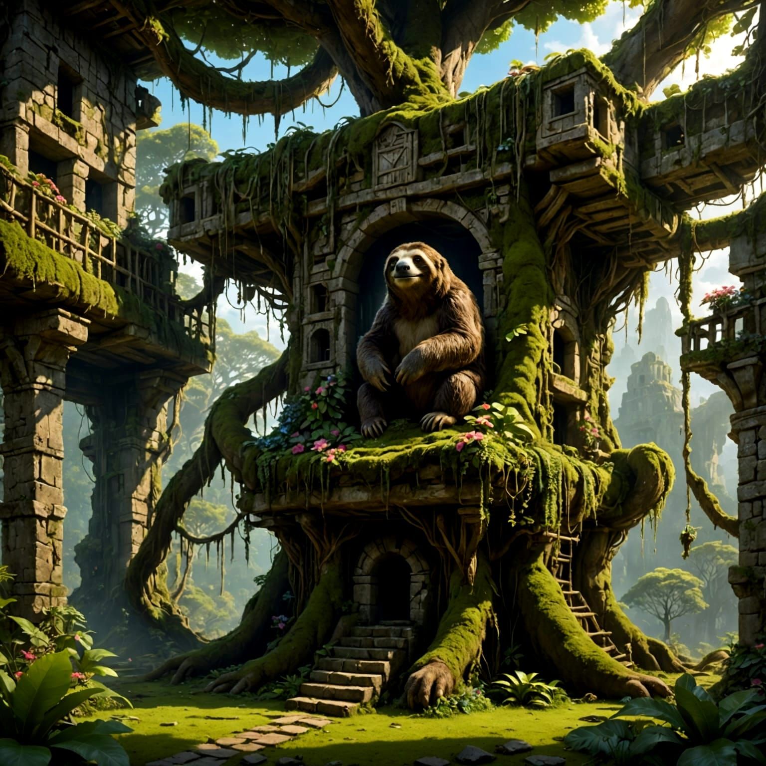 Giant Sloth Climbs Ancient Treehouse Ruins in Matte Painting...
