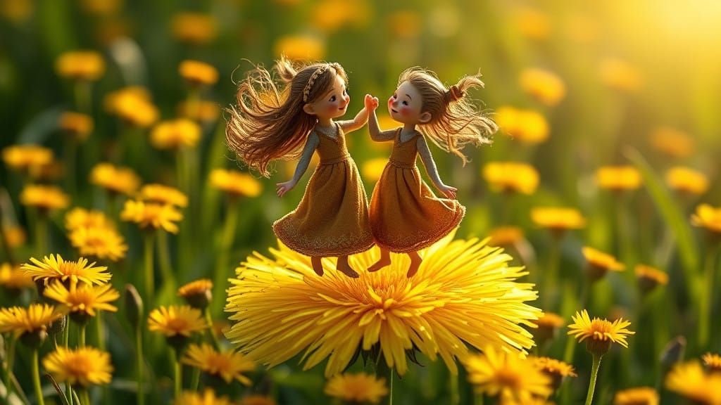 Miniature Couple Dance on Whimsical Dandelion Blooms in a Lu...
