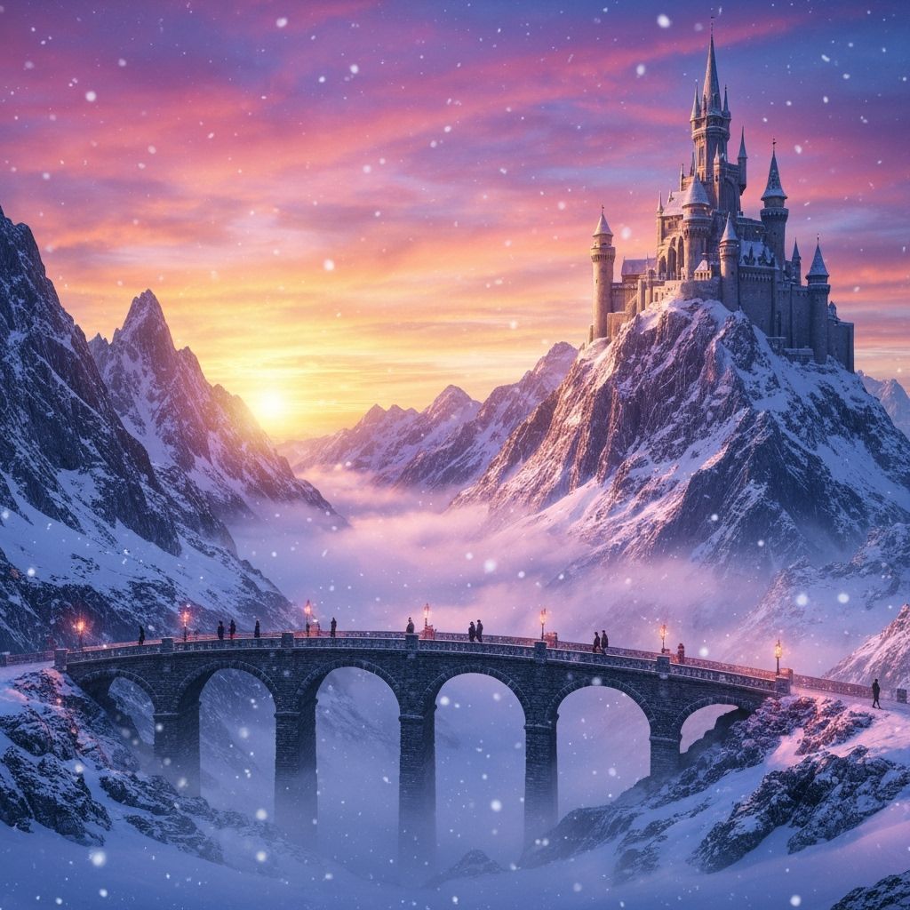 Enchanted Castle on Snowy Peak with Vibrant Sunset