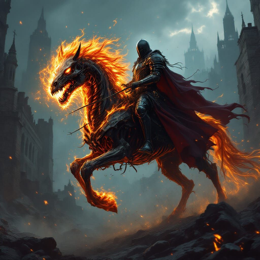 Fiery Knight on Skeletal Horse in Ruined City