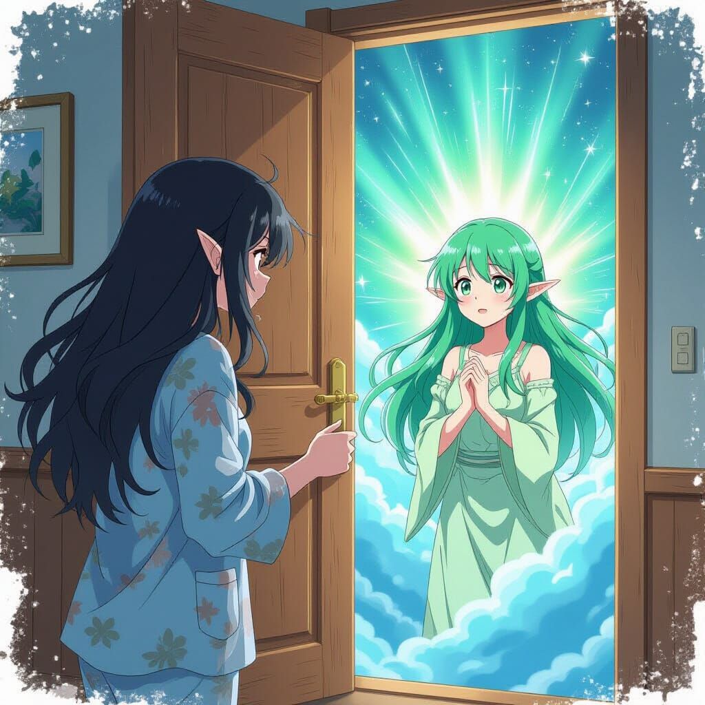 Woman Opens Door to Fantasy Portal, Realistic Anime Style
