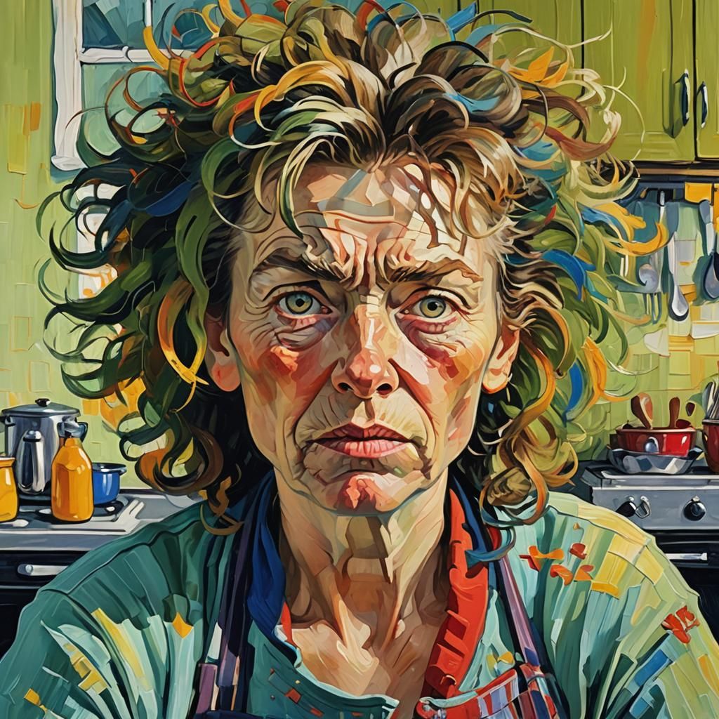 Fauvist Portrait of a Stressed Mom in Kitchen