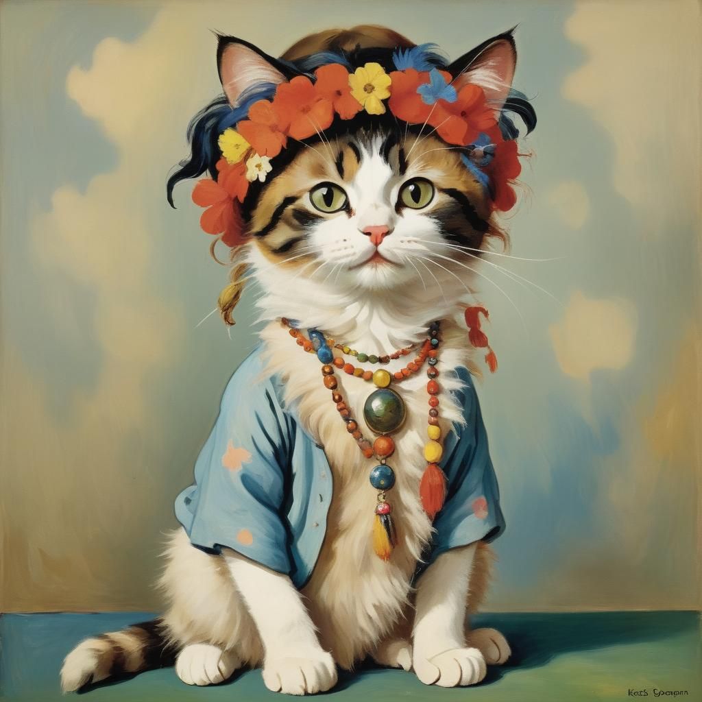 Cute Cat as Hippie, in Post-Impressionist Style