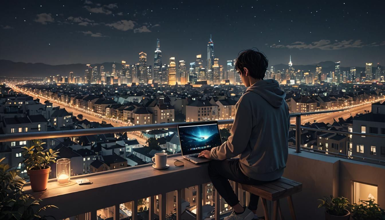Nighttime Balcony Musician Composing Music