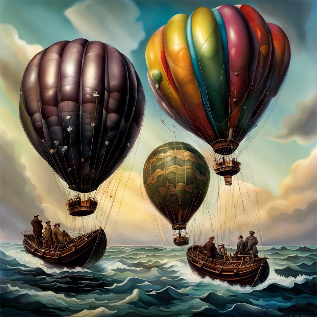 Zeppelin Airships Over Ocean in Tim Burton Style