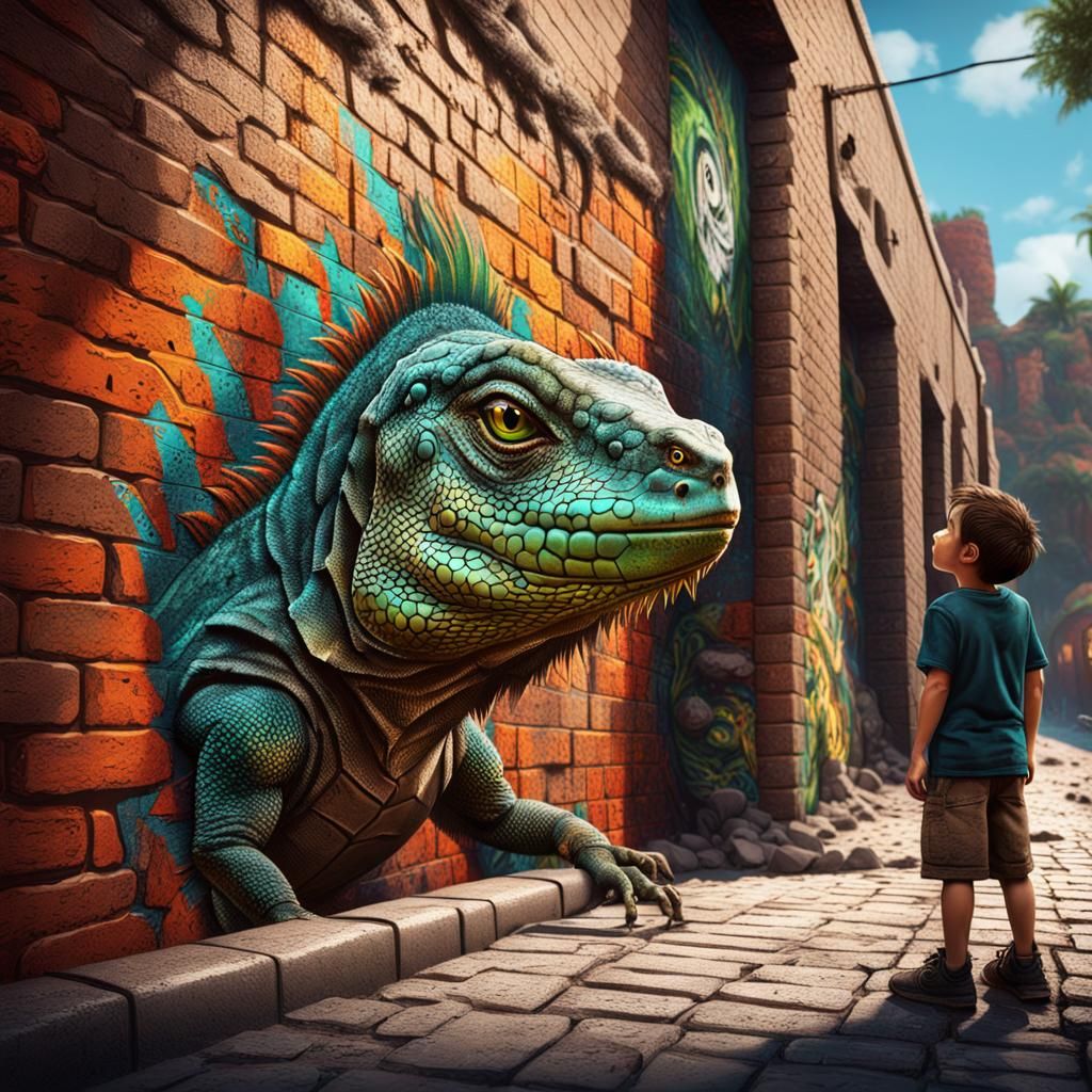 Vibrant Street Art: Iguana Emerges from Brick Wall