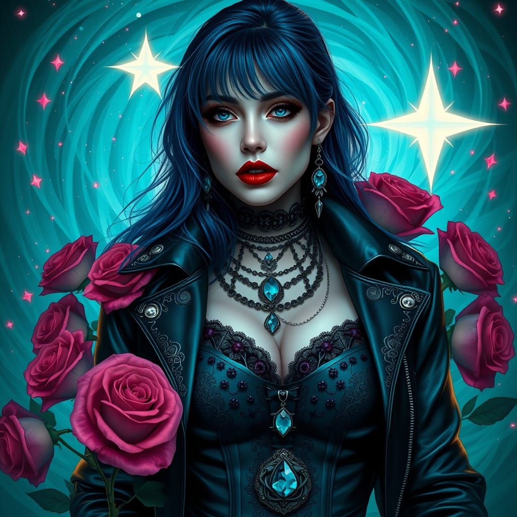 A dramatic digital painting depicts a gothic-style woman with cascading dark blue hair and striking red lips, set agains...