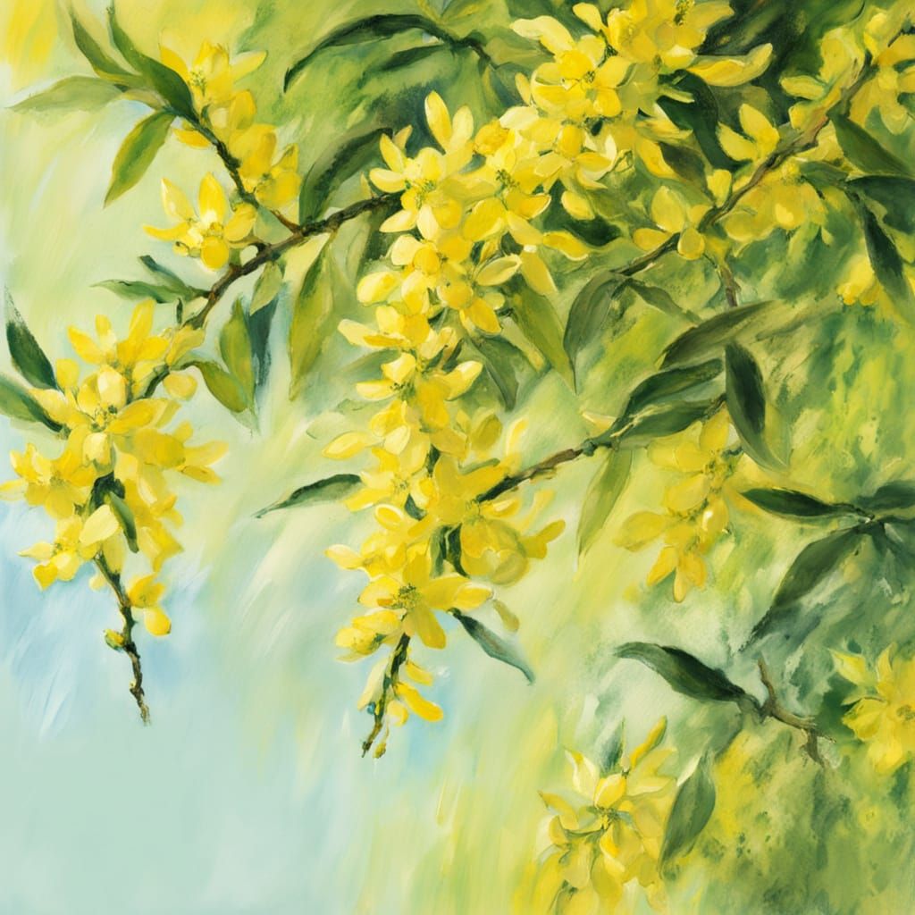 Radiant Sun Over Forsythia Bush in Impressionist Style