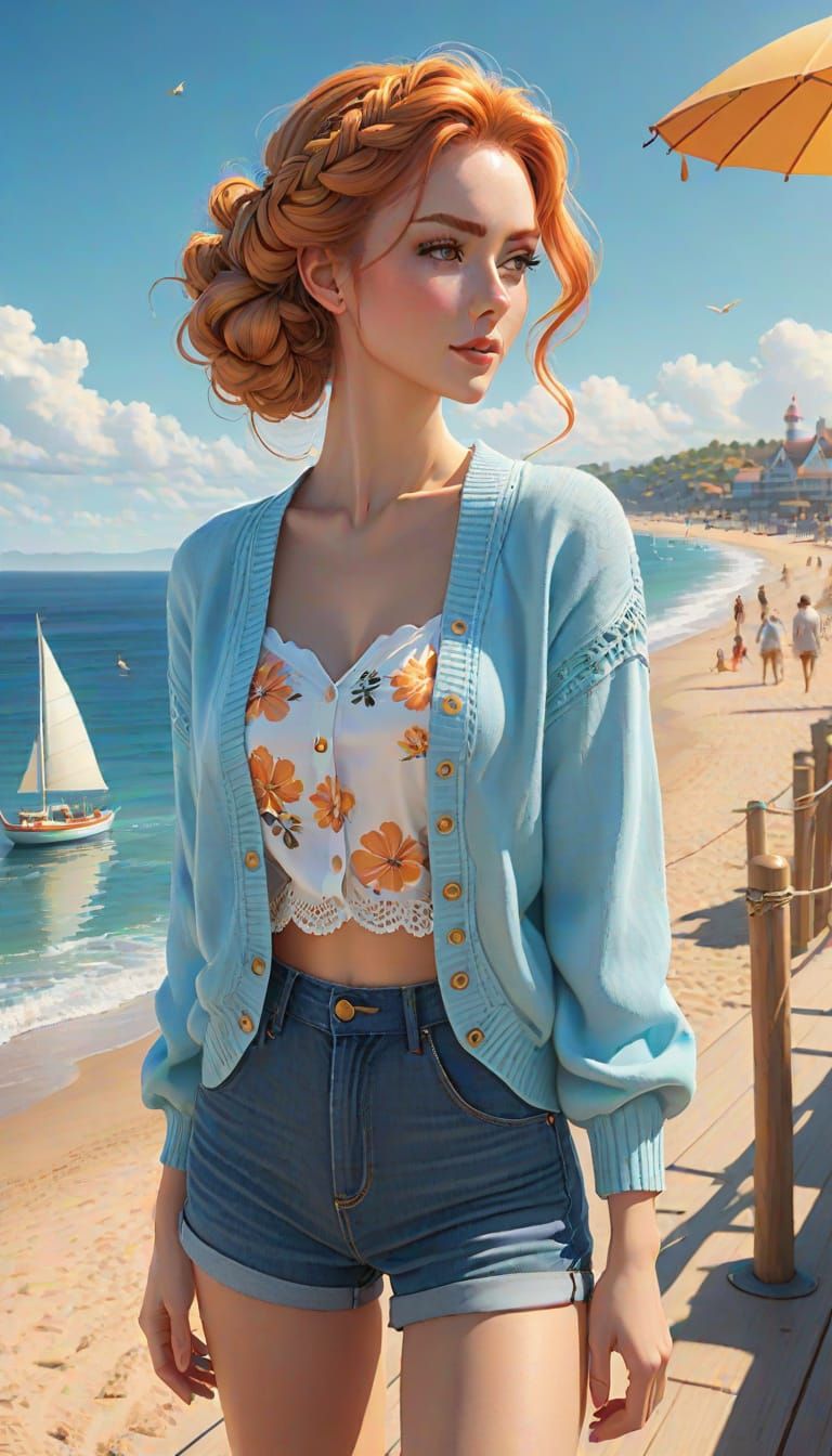 Vibrant Anime Goddess Reigns Over Seaside Boardwalk in Soft ...