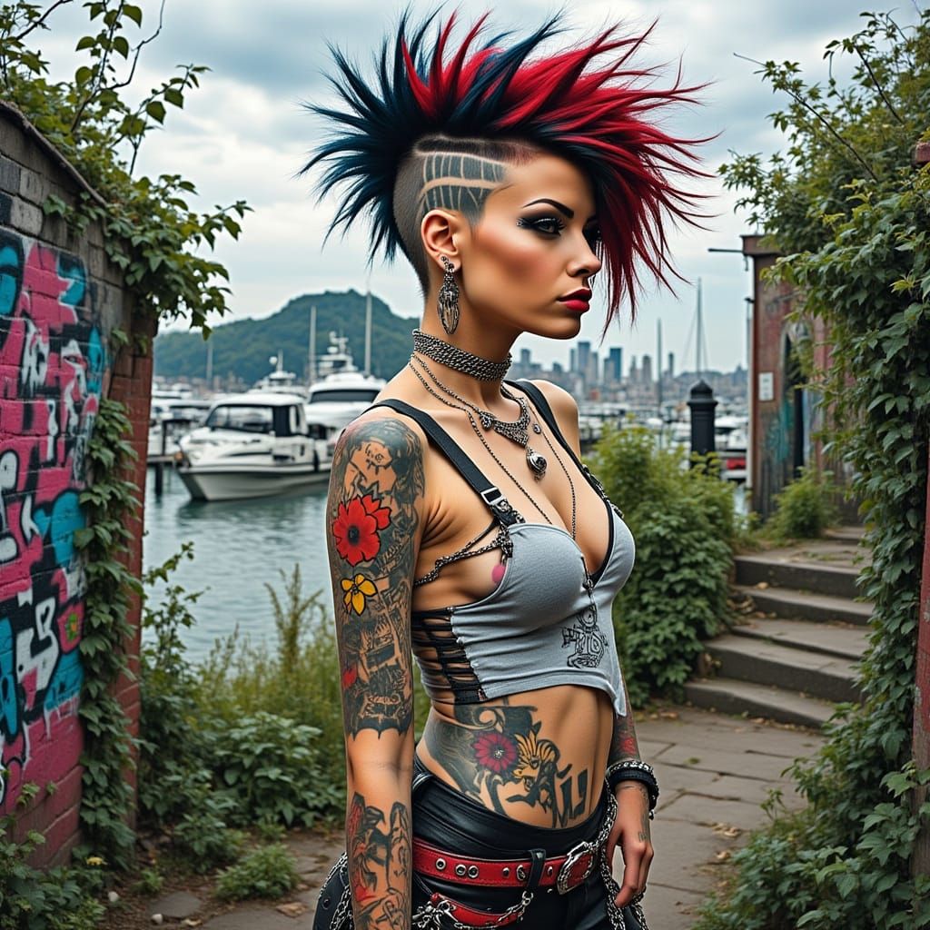Ethereal Punk Woman in Lush Gardens, City Marina