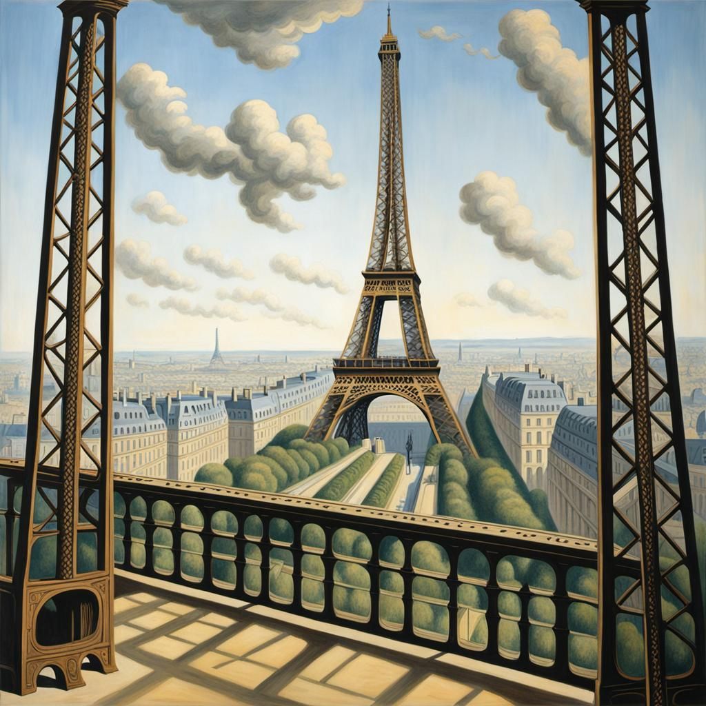 Surreal Eiffel Tower Trompe-l'œil in Magritte Style