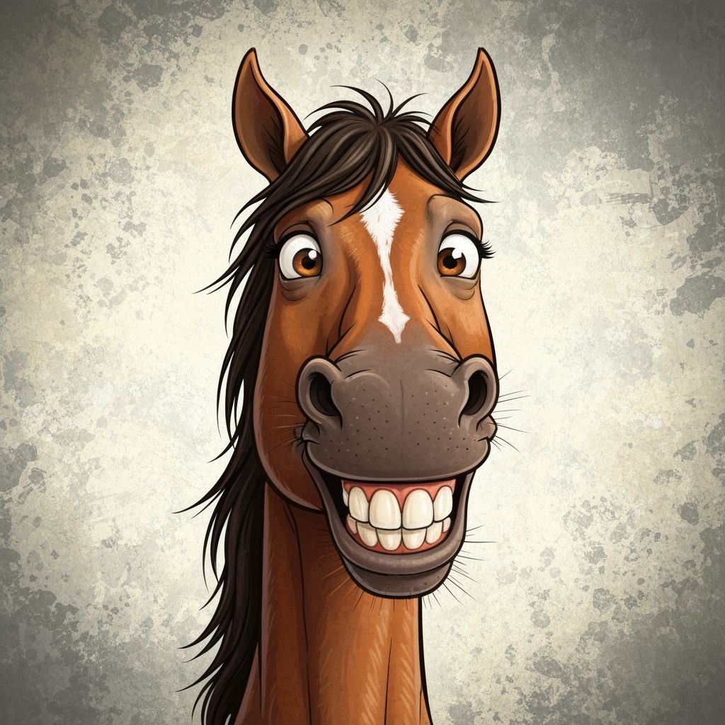 Cartoon Horse Portrait With Wide Smile and Brush Strokes