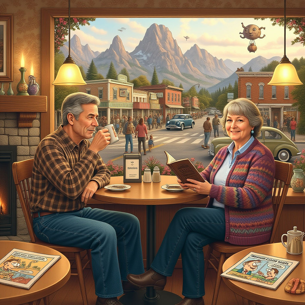 Couple at Coffee Shop with Mountain View