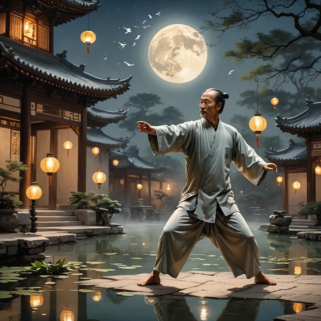 Tai Chi Master Dancing Under Moonlight