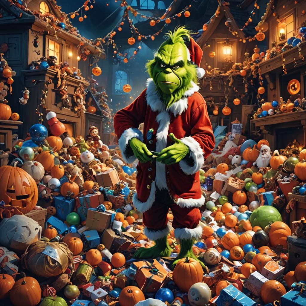 Grinch Stealing Halloween Decorations in Fantasy Art