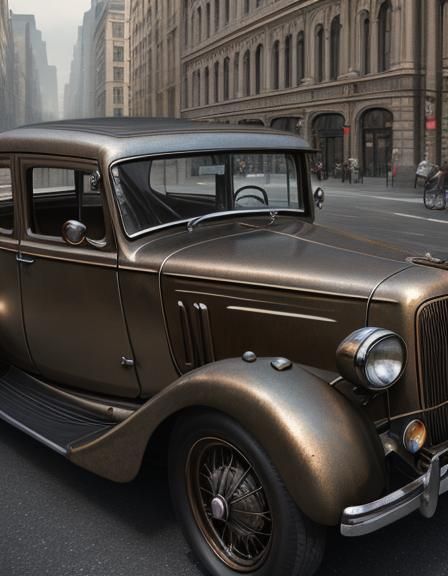 Classic Bronze Car in Modern City, Pop Art