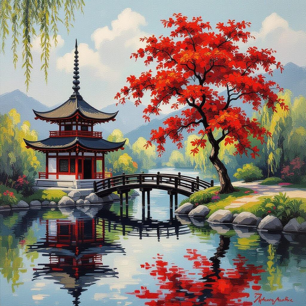 Pagoda by Lake with Blossoms, in Impressionist Watercolor