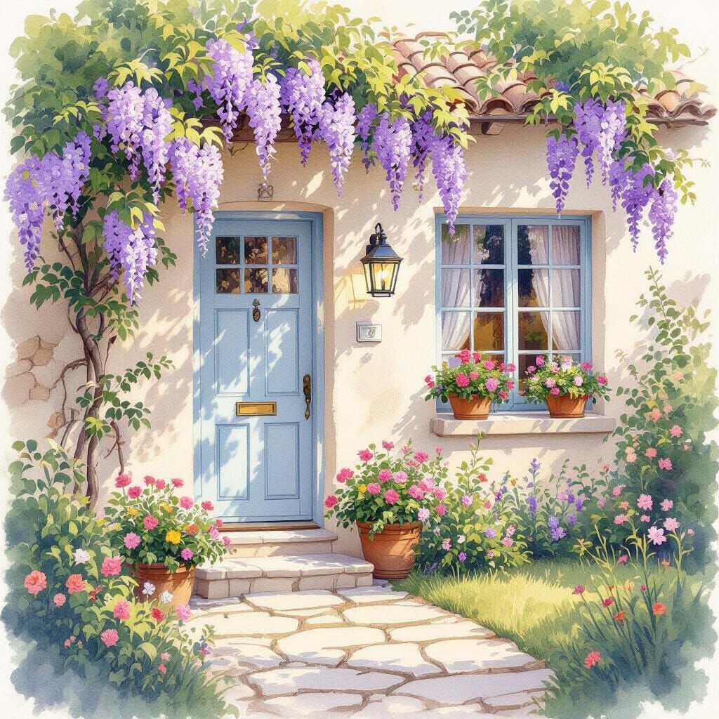 Charming Watercolor Cottage Entrance with Wisteria Blooms