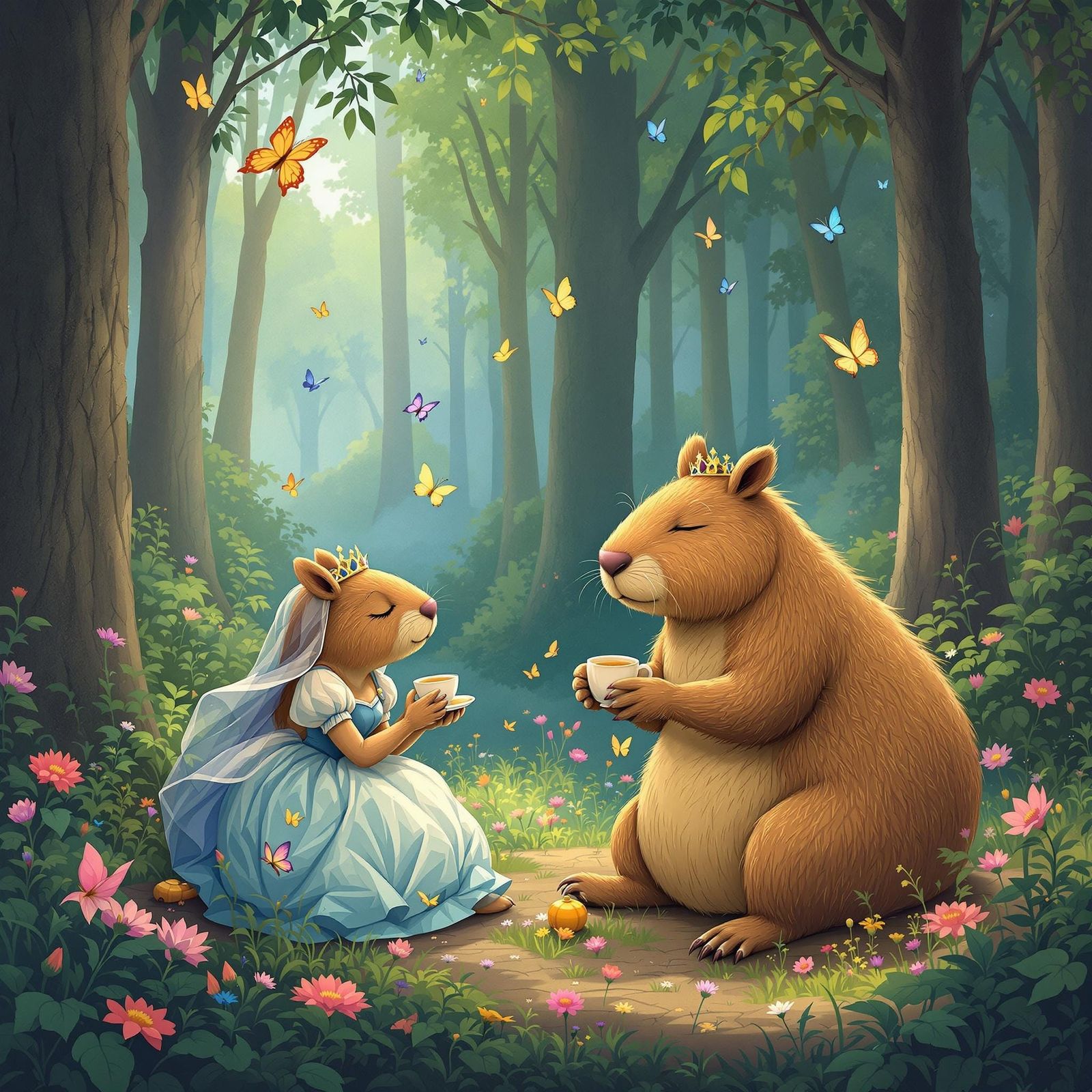 Capybaras' Tea Party with Sleeping Princess