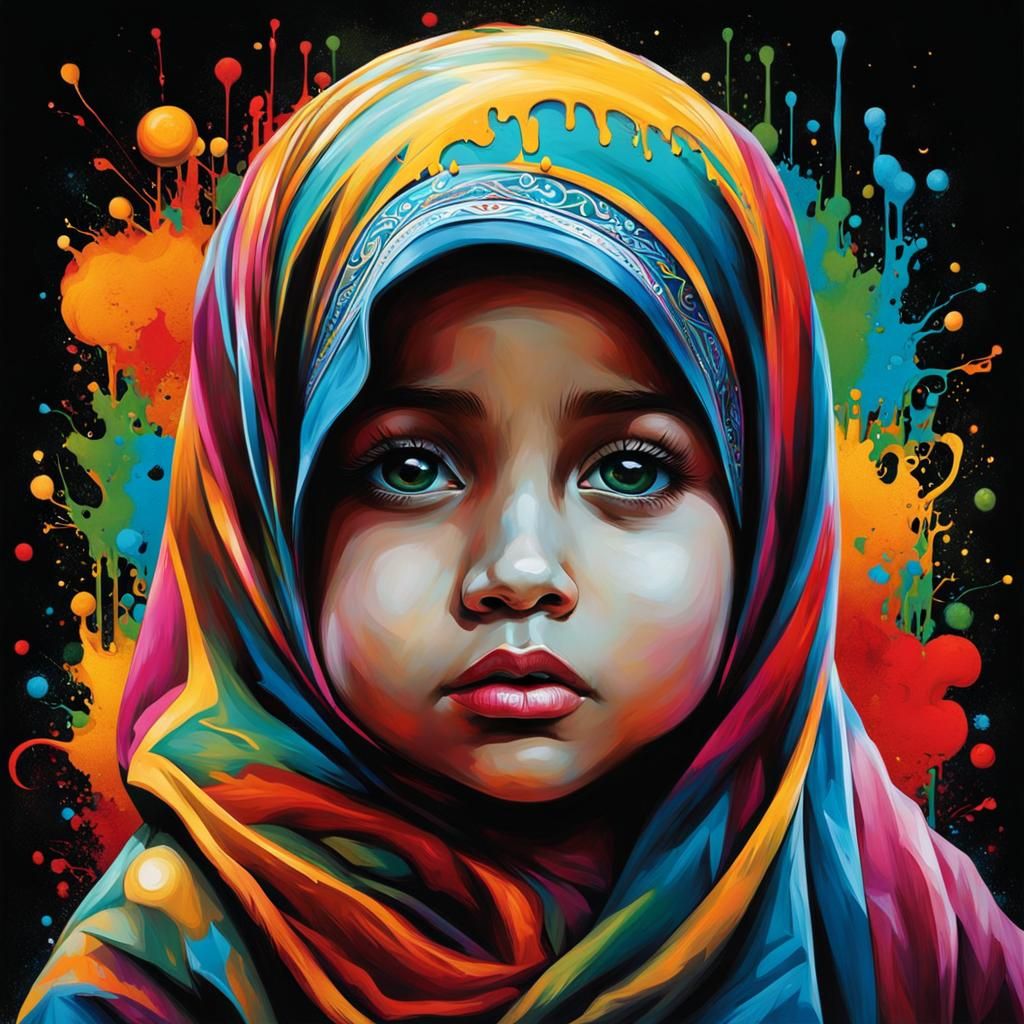 Compassionate Muslim Children in Colorful Graffiti Art