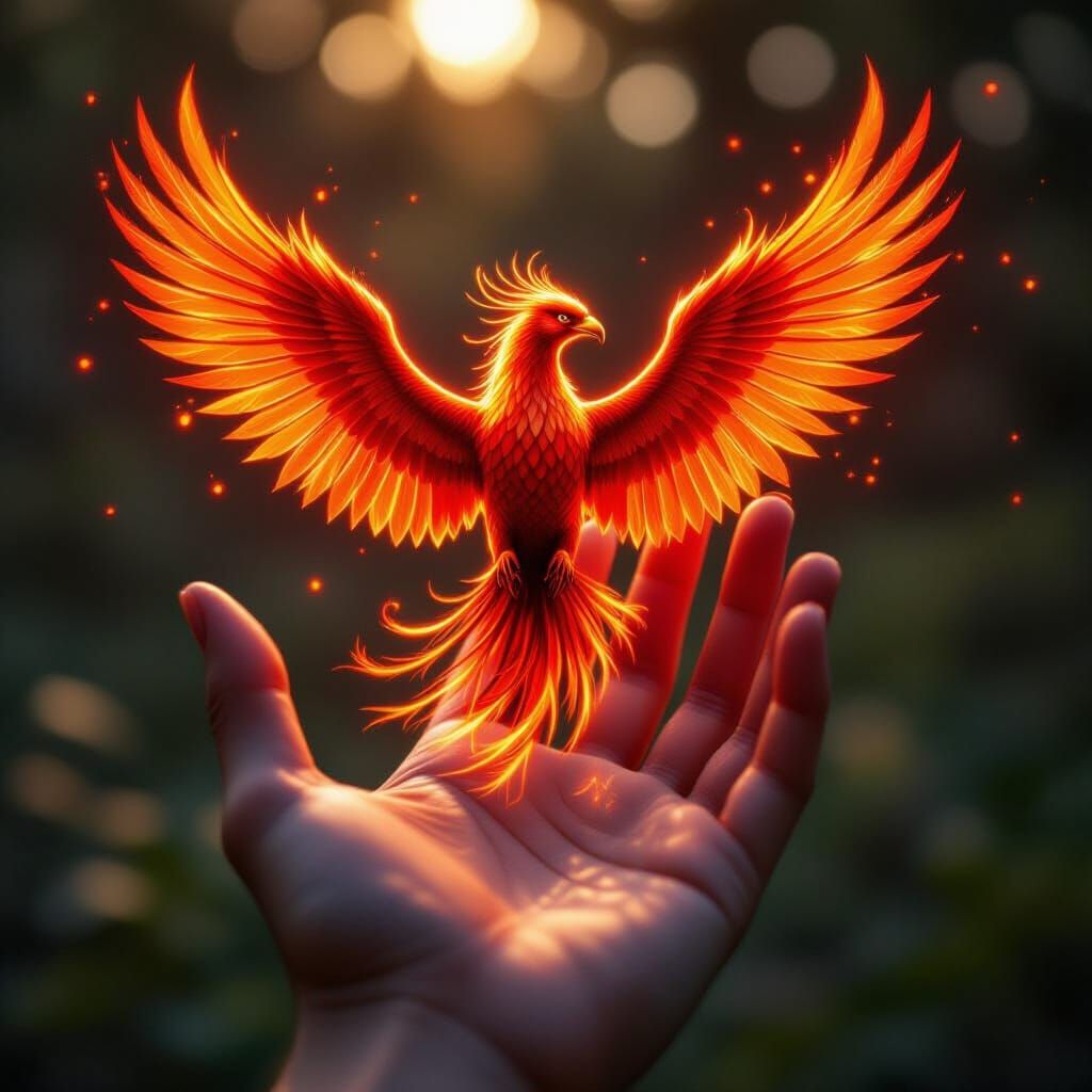 Human Hand With Shimmering Red Phoenix Hologram
