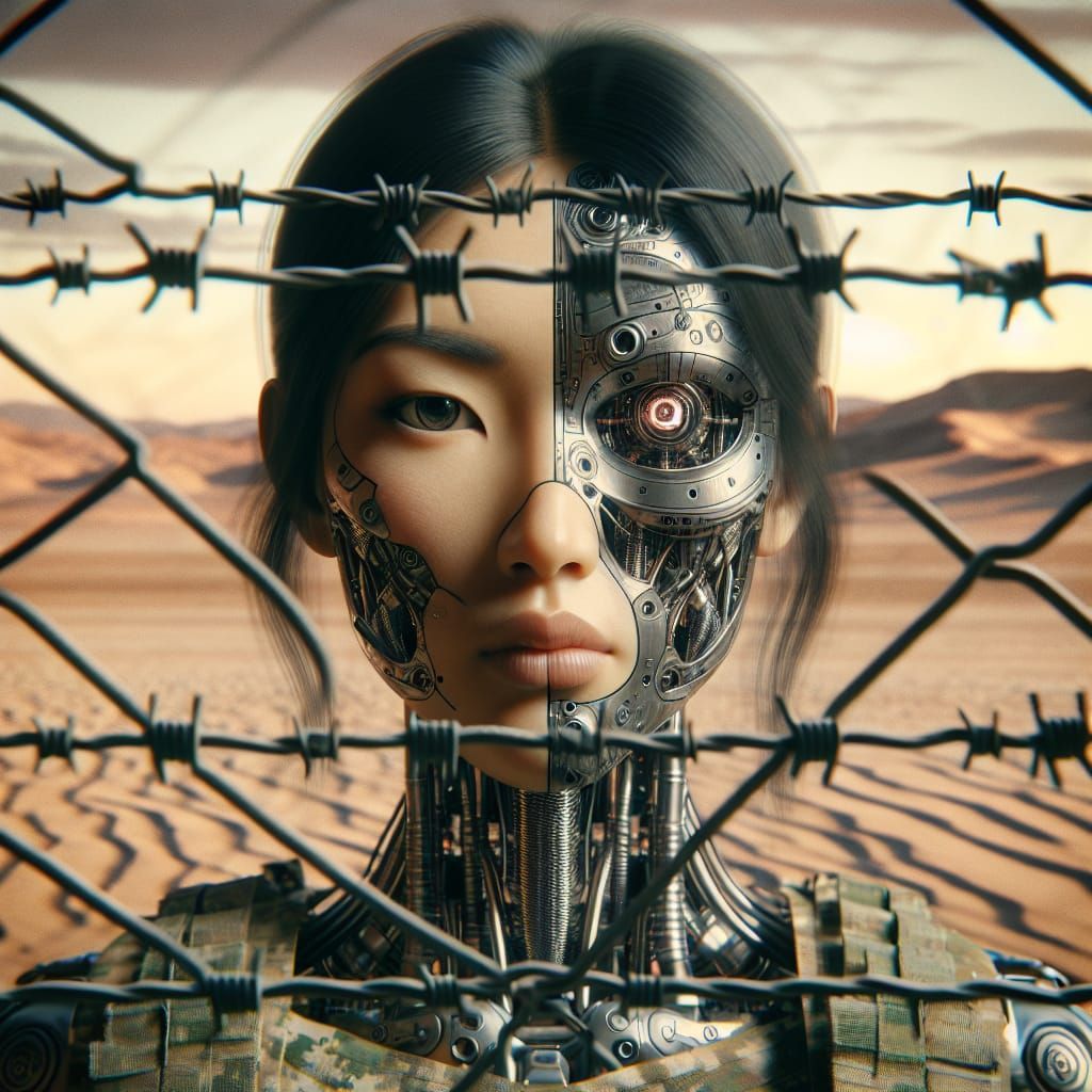 Asian Paramilitary Cyborg Portrait in Dystopian Desert