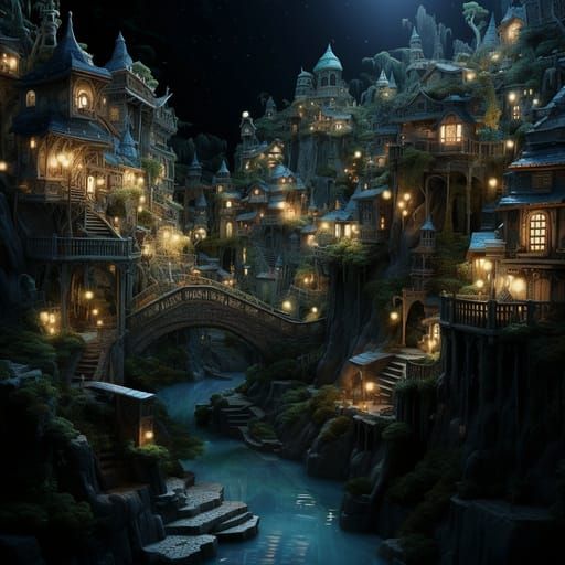 Fairytale Town in Forest: Surrealist Precisionist Art