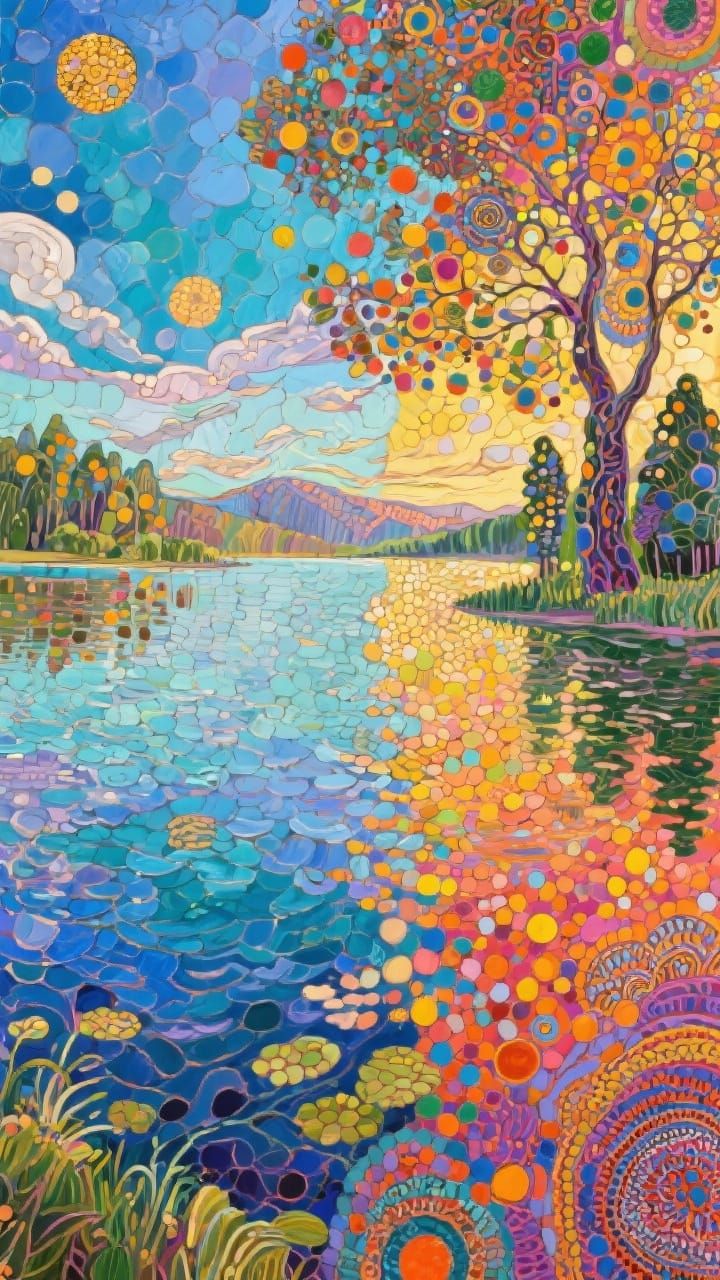 Vibrant Lake Landscape in Pop Art Surrealism Style
