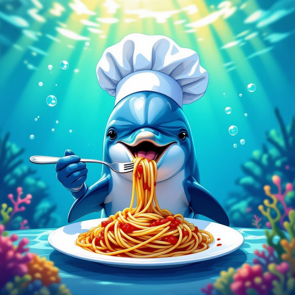 Dolphin Chef Enjoys Spaghetti: Whimsical Aquatic Art