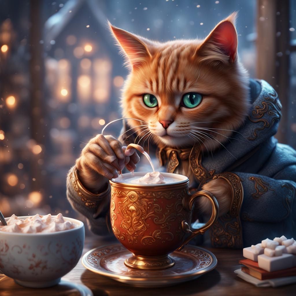 Cat Sipping Cocoa: Detailed Fantasy Concept Art