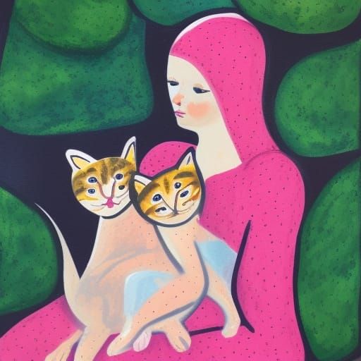 Half-Cat Mother and Babies in Pink Garden