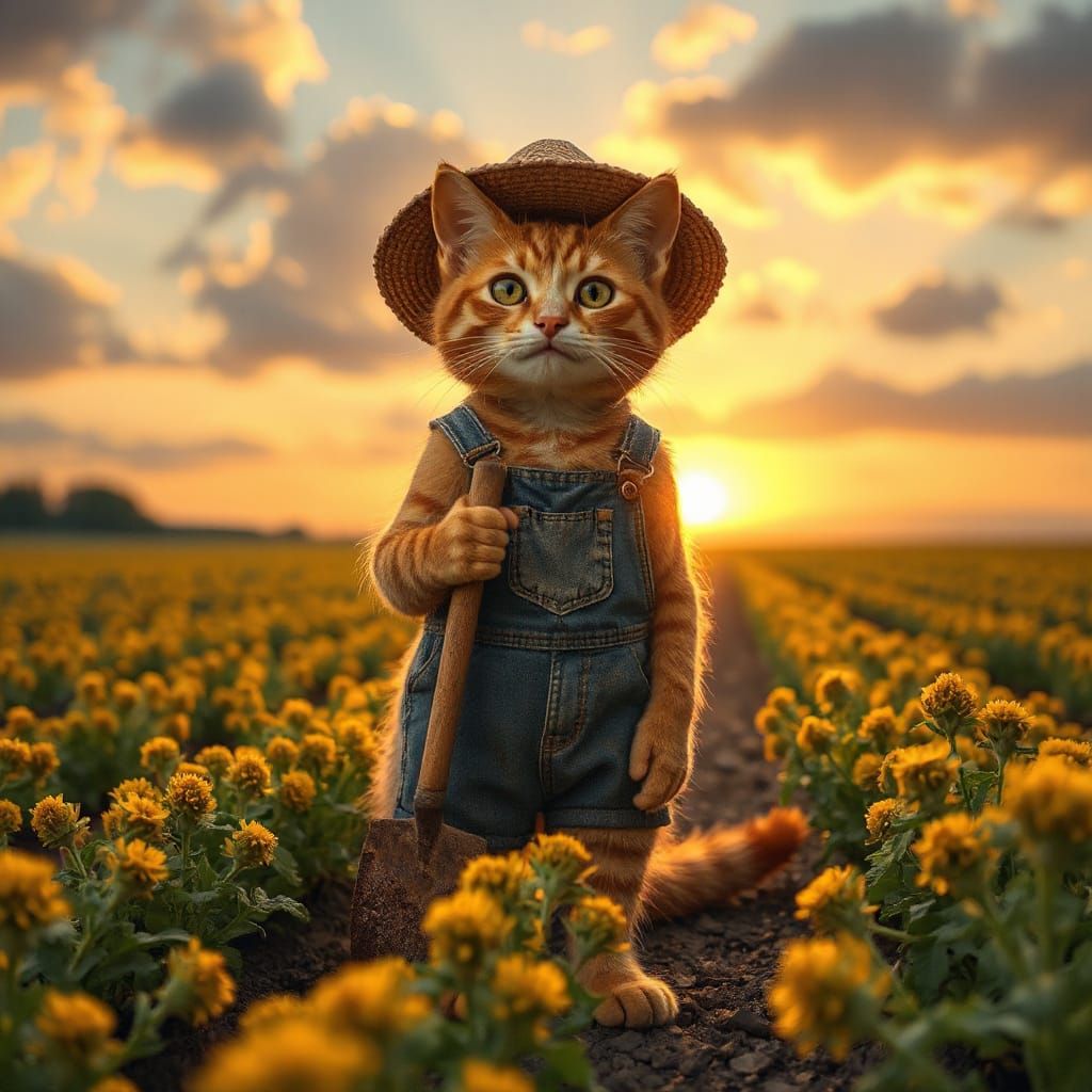 Cat Farmer in Catnip Field, Ghibli-Inspired Art