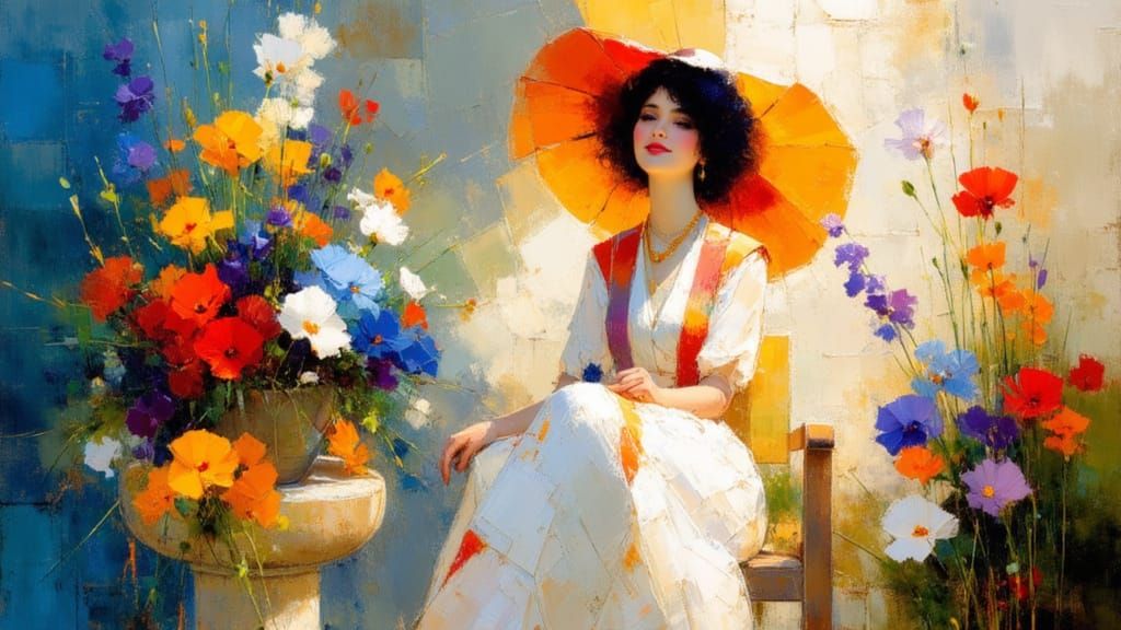 Elegant Woman in Floral Dress, Surrealist Style