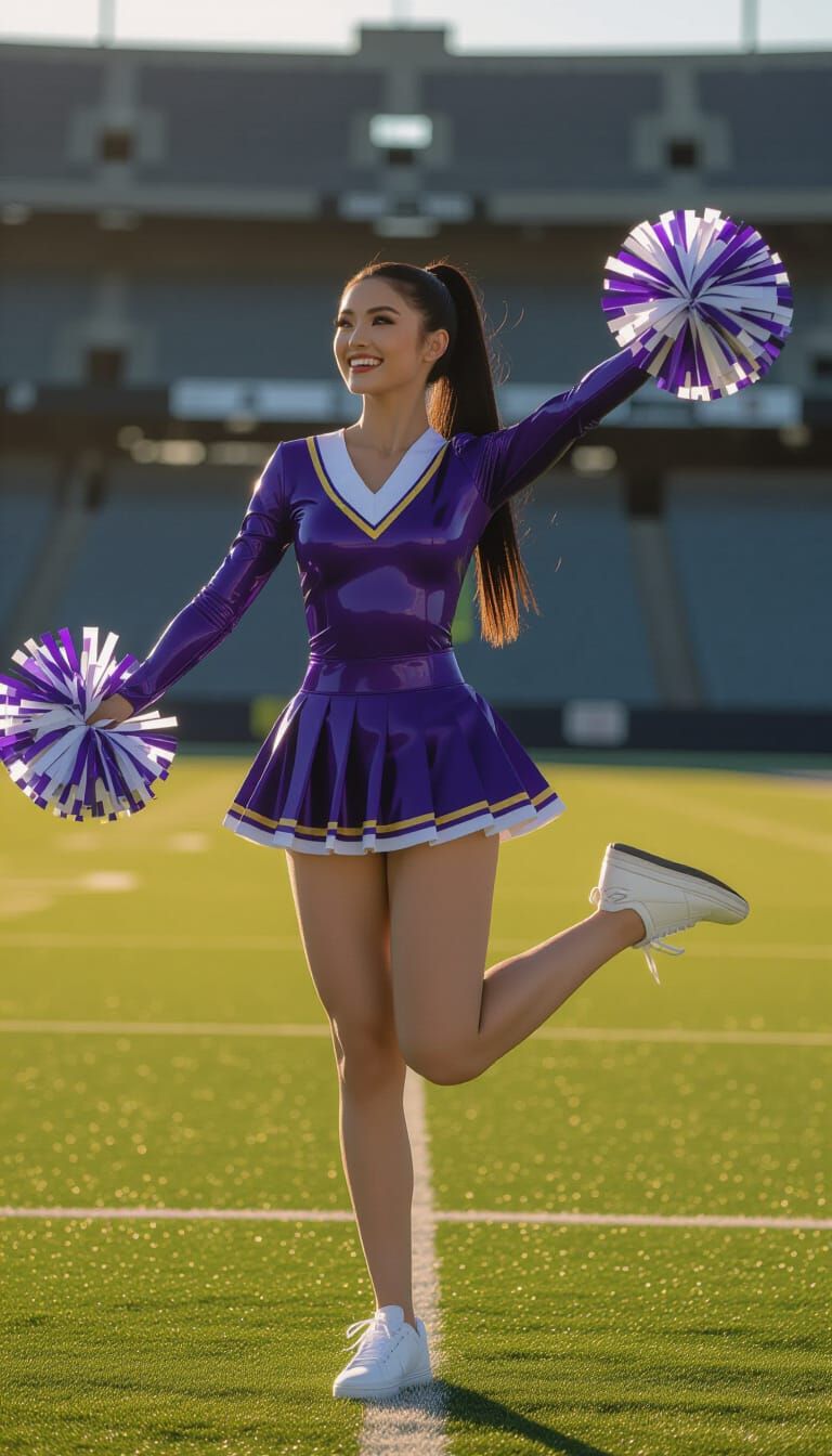 Cheerleader on Stadium Field at Sunset
