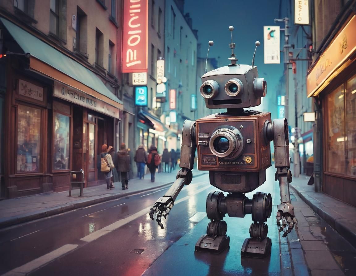 Robot Photographer in Cityscape, Fine Detail Art