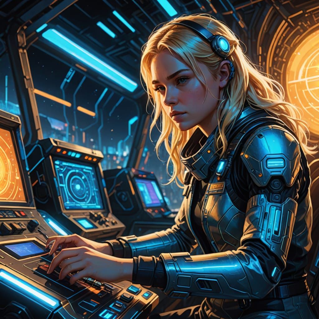 Girl at Console in Futuristic Digital Painting