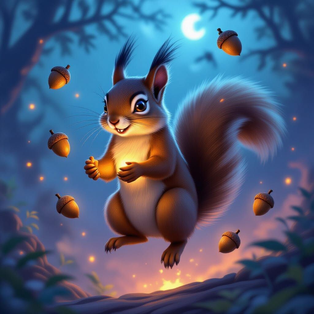 Mystical Squirrel Levitates Acorns in Twilight Sky
