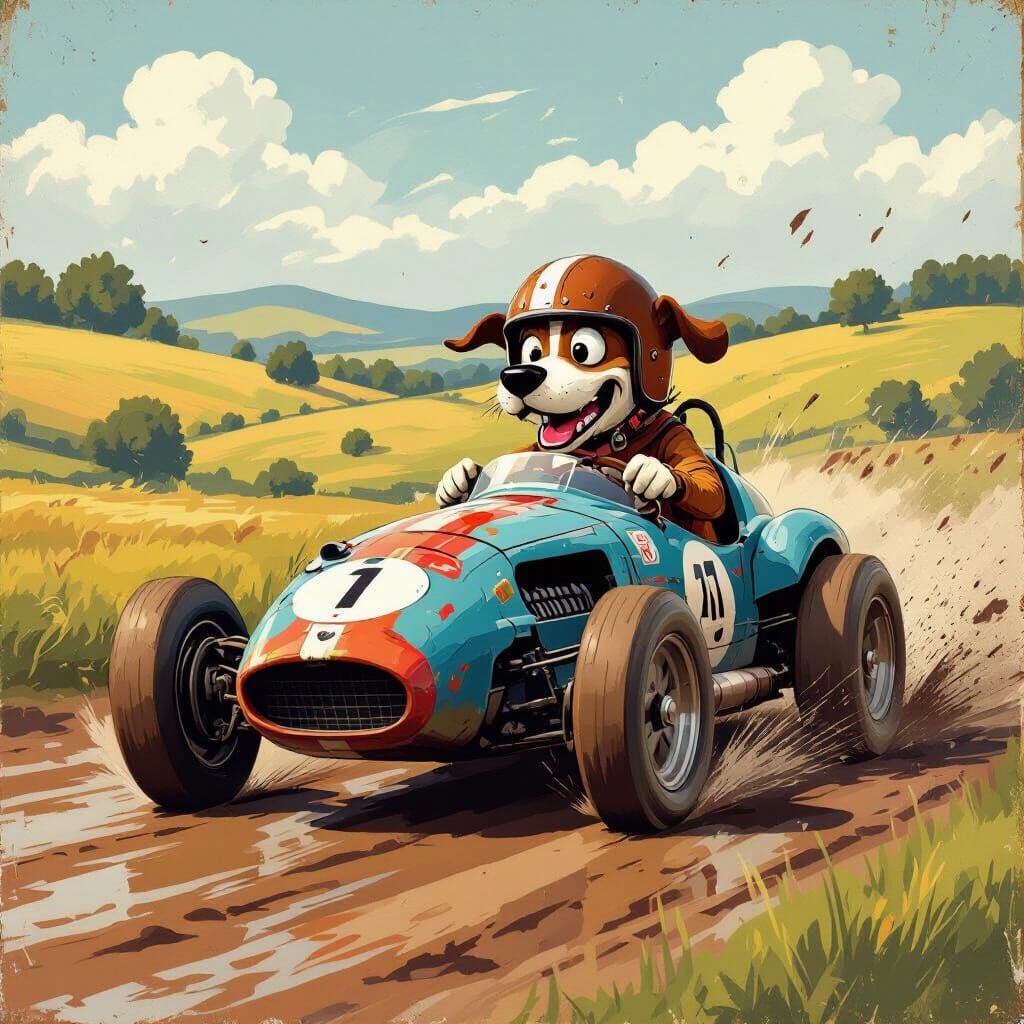 Folk Art Race Car Skids on Muddy Track