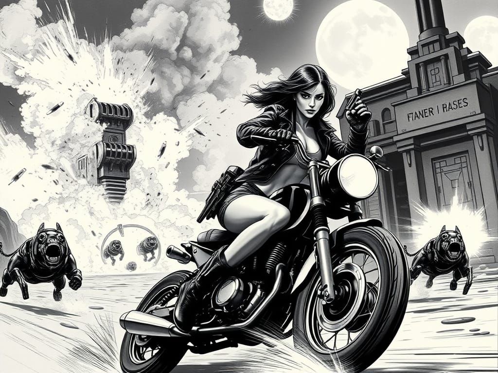 Warrior Woman Escapes Explosion in Film Noir Style