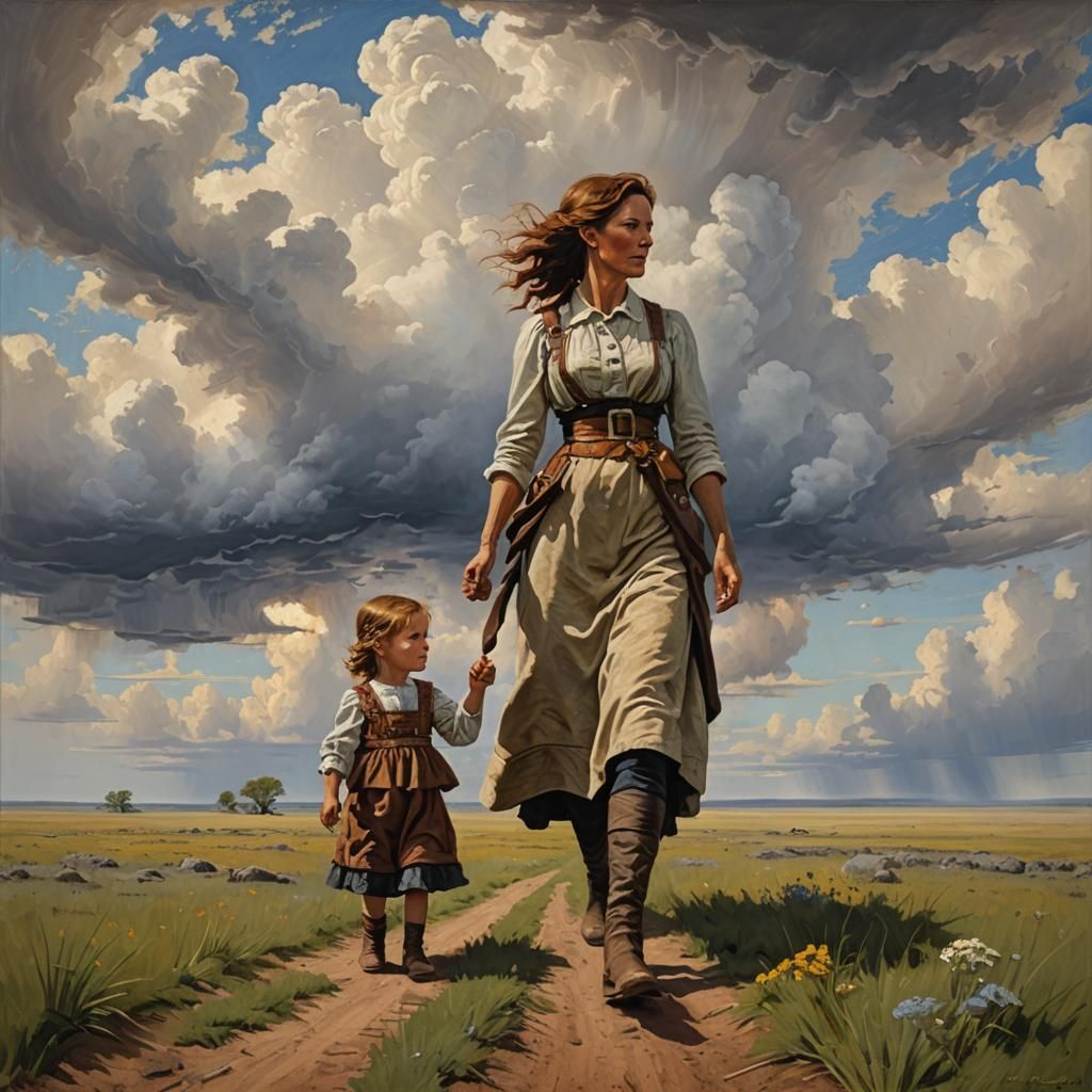 Pioneer Woman and Daughter in Prairie Landscape